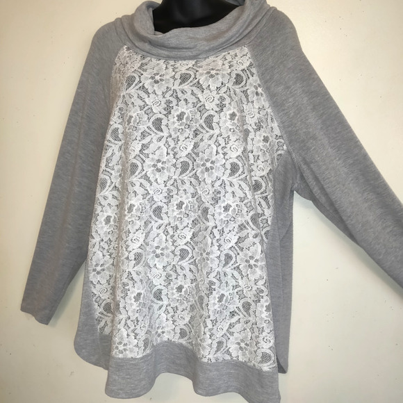 Sunday Cowl Neck Top Sz 2X Gray White Lace Front Panel Lightweight Sweater - Picture 5 of 16
